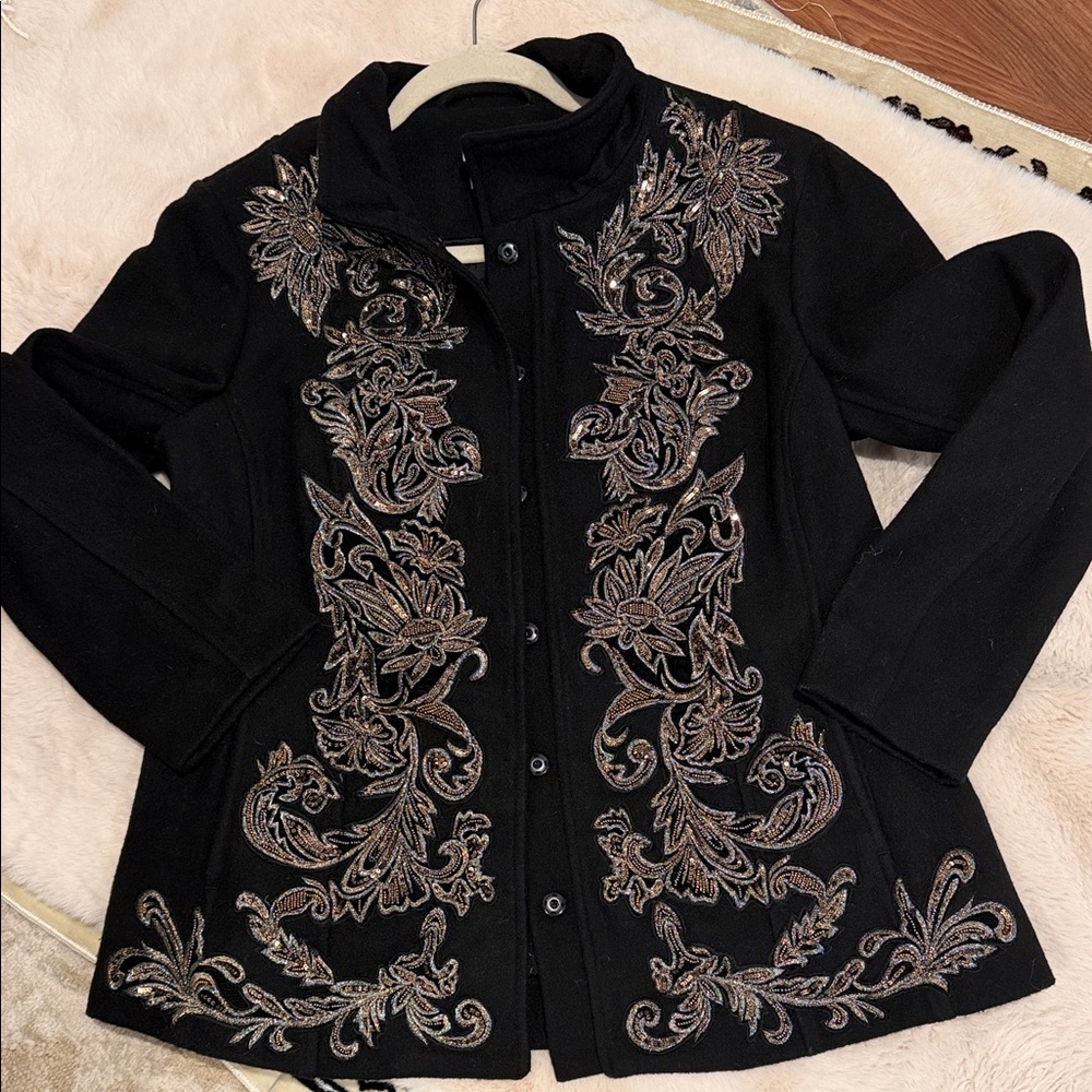 Chico's Elegant Black Pea Coat with Embroidery